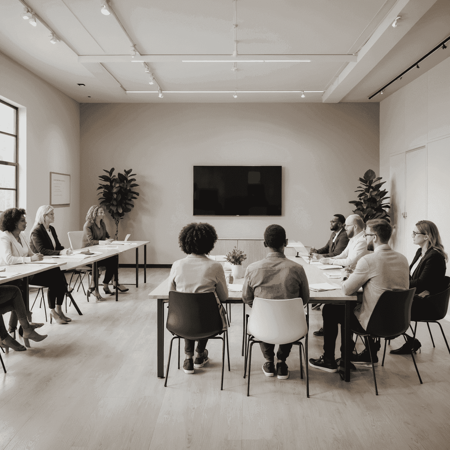 A professional workshop setting with a diverse group of small business owners attending a legal training session. The room has a modern, minimalist design with clean lines and neutral colors.