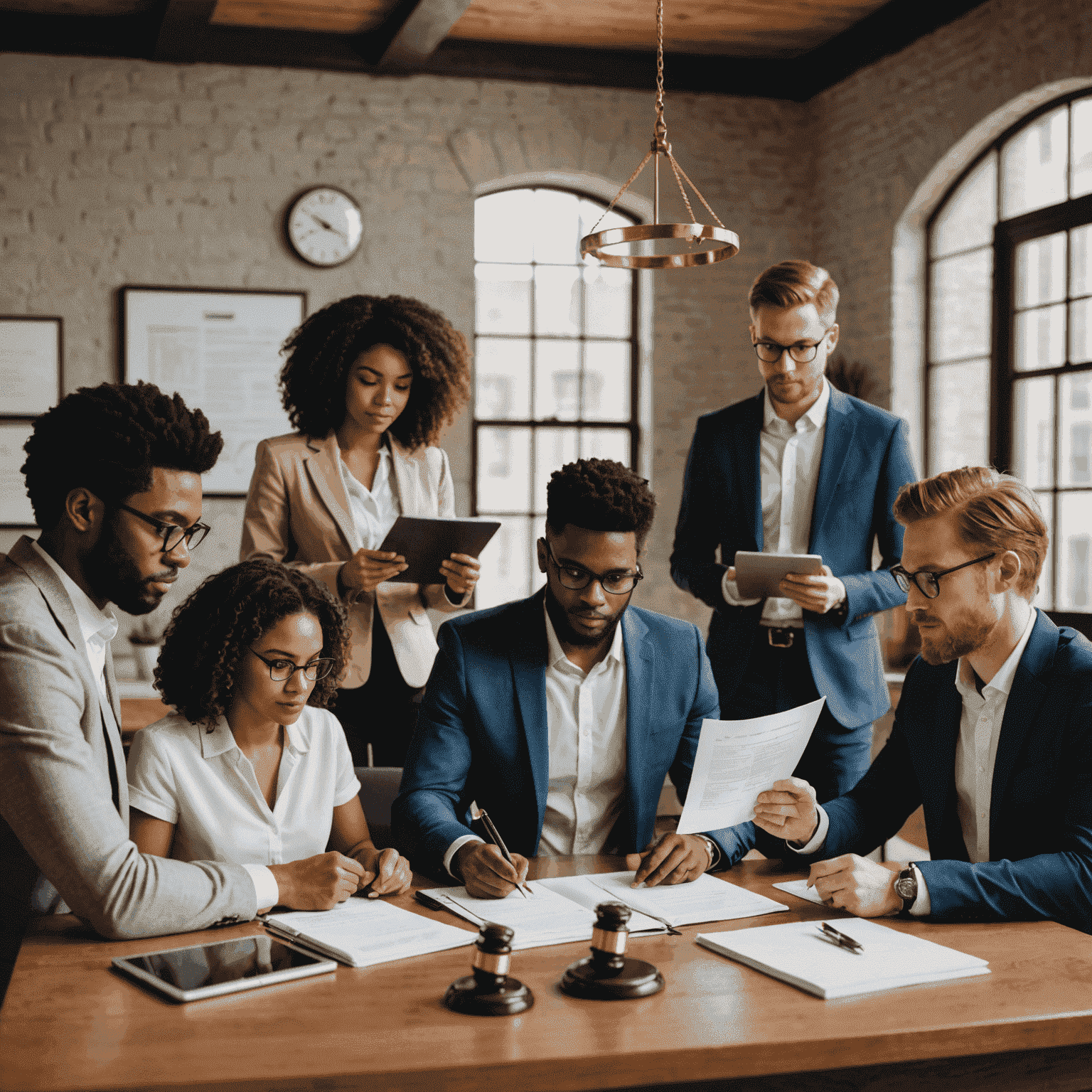 A group of diverse startup founders sitting around a table with legal documents, laptops, and a miniature scales of justice, symbolizing the importance of legal considerations in entrepreneurship