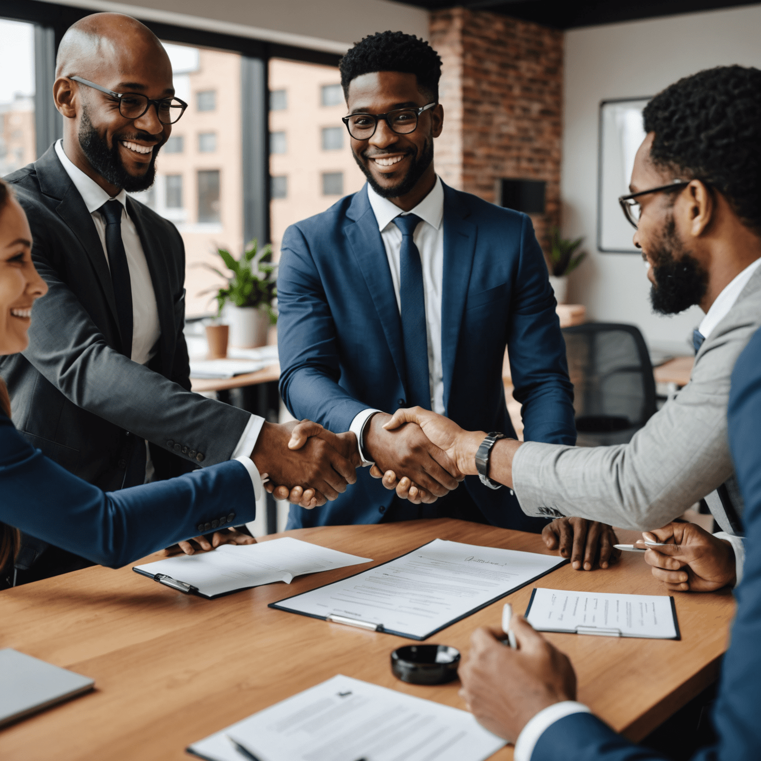 A group of diverse entrepreneurs shaking hands after successfully negotiating and signing a contract